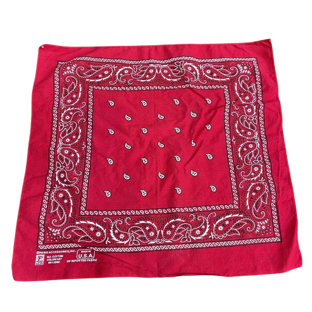 Vtg 13960‎ Paris Cotton Colorfast Cherry Red Scarf Bandana 20in USA Rave Flowers